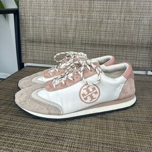Tory Burch size 10.5 Pink Blush White Sneakers Trainers Leather Suede Tennis